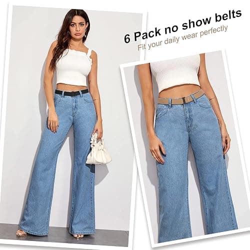 6 Pack Invisible Women Crop Top Tuck Stretch Belt No Show Elastic Web Strap Belt with Flat Buckle for Jeans Pants Dresses, F-black+coffee+blue+white+khaki+grey, US Size 0-16 thumbnail 8