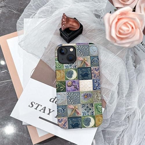 Piodaidy Compatible with iPhone 15,Durable & Shockproof Phone Case Cover Design - Tiles Pattern Moon Dragonfly Flower thumbnail 5