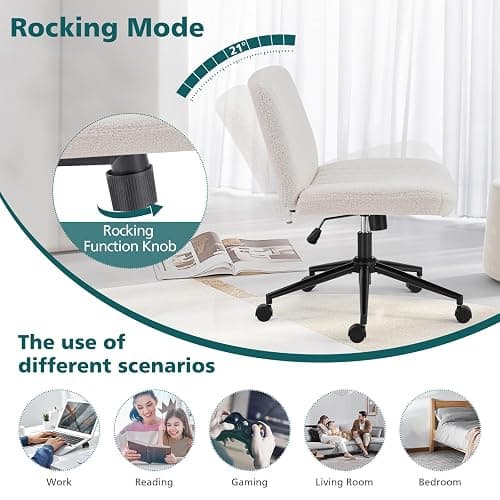 OLIXIS Criss Cross Chair with Wheels Wide Cross Legged Office Desk Vanity Chair Comfy Fabric Armless Adjustable Swivel for Home Computer Task Teddy Beige thumbnail 5