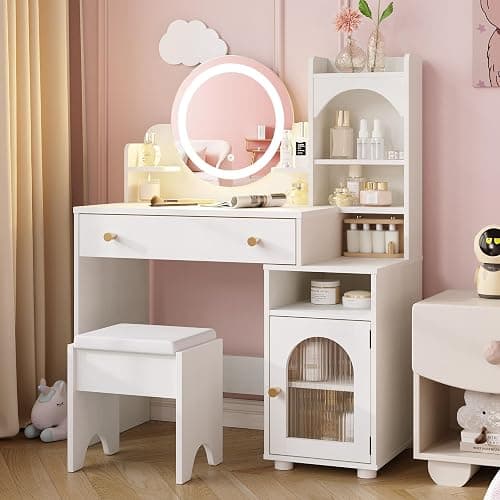 Vabches Kids Vanity Table and Chair Set, Toddler Dressing Table for 5-12 Year Old Little Girls, 2 in 1 Princess Makeup Vanity with Mirror & Lights, Wooden Pretend Play Vanity Desk, White - Image 1