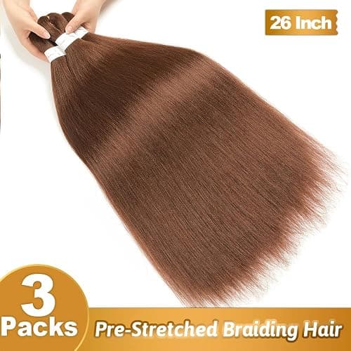 Brown Braiding Hair 26 Inch Pre stretched Braiding Hair Extensions Yaki Braids Hair Hot Water Setting Synthetic Hair Colored Braiding Hair Pre stretched Crochet Hair(26Inch,3 Packs,30#) thumbnail 3