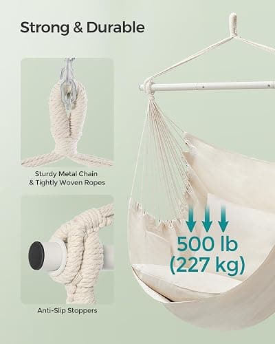 SONGMICS Hammock Chair, Load Capacity 500 lb, Hanging Chair with 2 Cushions, Large Hammock Swing with Chain and Pocket, for Indoor, Outdoor, Living Room, Bedroom, Cream White UGDC197M01 thumbnail 5