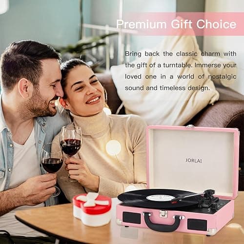 Jorlai Vinyl Record Player 3 Speed Turntable with Bluetooth, Built in Battery, Portable Suitcase, Built in Speakers, 3.5mm Headphone Jack Aux in/RCA Out Pink for Home Decoration Gift thumbnail 5