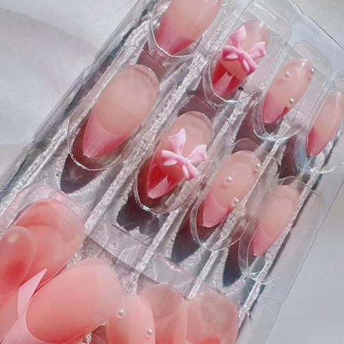 24Pcs French Press on Nails Almond Fake Nails with Bow Pearl Design Pink French Tip False Nails Cute Pink Press on Nail Tips Glossy Artificial Nails Acrylic Stick on Nail for Women Manicure thumbnail 6