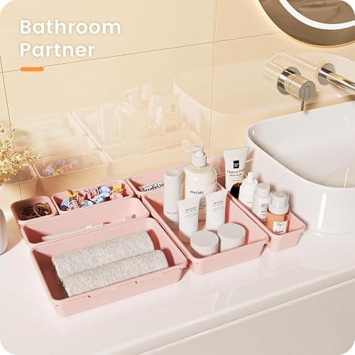 【Military Grade】A-LuGei Drawer Organizer,【𝟱𝗦𝗶𝘇𝗲】Makeup organizer,【Holds 177 Items】Bathroom Organizers and Storage,Organization and Storage,Desk Drawer Organizer for Vanity【Pink】 thumbnail 2