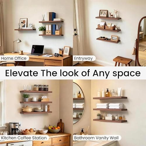BAYKA Walnut-Like Floating Shelves 22.5in, 3Pack, Wall Mounted Wall Decor | Easy Install, 22lbs Max Load, Hidden Bracket, Shelf for Bathroom Bedroom Kitchen Books Display Storage, Multi-Wall Compatible thumbnail 6