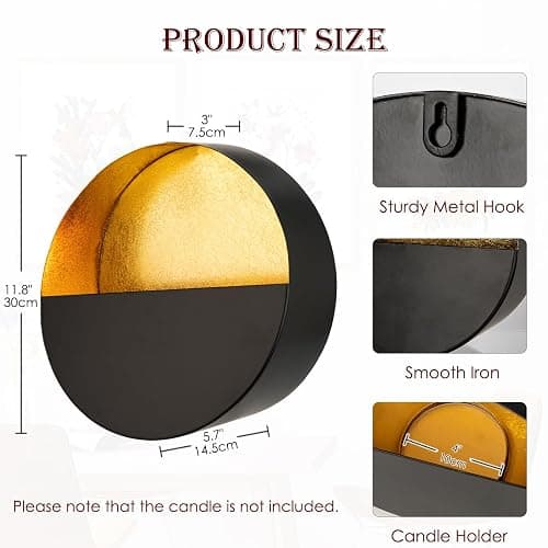 Luxury Metal Wall Candle Sconces – Large Handcrafted Wall-Mounted Tealight Candle Holders with Gold Leaf Interior – Modern & Rustic Home Décor for Living Room, Hallway – 11.8" Black Single Piece thumbnail 2