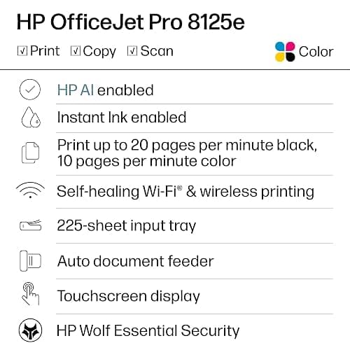 HP OfficeJet Pro 8125e Wireless All-in-One Color Inkjet Printer, Print, scan, Copy, ADF, Duplex Printing Best-for-Home Office, 3 Month Instant Ink Trial Included, AI-Enabled (405T6A) thumbnail 2