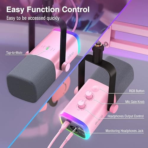 FIFINE XLR Gaming Microphone USB, PC Dynamic Microphone Kit for Vocal, Recording, Podcast, Streaming RGB Mic with Headphone Jack, Mute Button, Boom Arm Stand for Computer/Mixer-AmpliGame AM8T Pink thumbnail 6