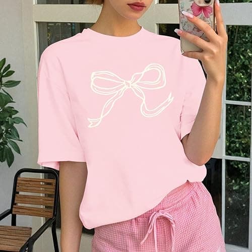 Weripoah Bow Oversized Shirts for Girls Graphic Cute Shirt for Teen Preppy Aesthetic Tshirt Girls' Summer Casual Coquette Top thumbnail 2