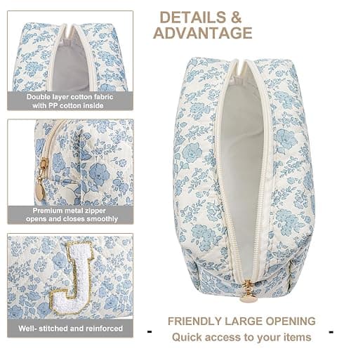 Gleyemor Personalized Initial Makeup Bag for Women, Cute Quilted Blue Floral Cotton Cosmetic Bag, Christmas Gifts for Her Mom Friend Sister Bridesmaid Teacher Women J thumbnail 3