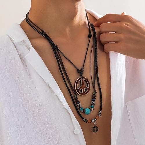 ZZQPSD Peace Sign Pendant Necklace Layered Puka Shell Turquoise Boho 1960s 1970s Hippie Party Accessories Necklaces thumbnail 3