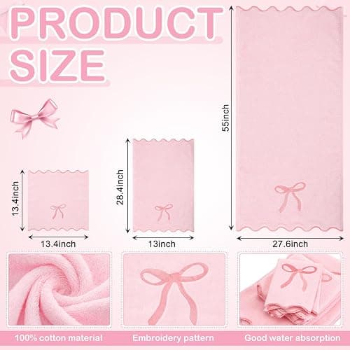 Fanfanwin 3 Pcs Pink Bow Bathroom Towel Set, Scalloped Coquette Fingertip Towels with Embroidery, 100% Cotton Absorbent Hand Towels for Bathroom, Kitchen, Wedding Gifts, Preppy Bath Decor thumbnail 3