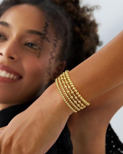 Howoo 18K Gold Plated Bracelets for Women Beaded Bracelets Stack Stretch Bead Ball Jewelry for Women Trendy thumbnail 2