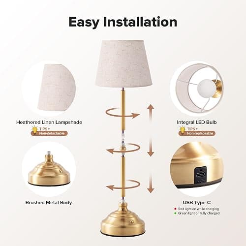 keysays 2 Pack Cordless Table Lamp, Rechargeable Desk Lamp with Fabric Shade, Battery Operated 3 Color Stepless Dimming, Small Touch Bedside Lamp Home Decor for Dining, Counter(Brushed Gold) thumbnail 2