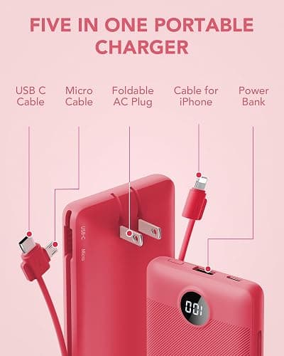 Portable Charger Built-in Cables and AC Wall Plug, VRURC USB C Power Bank 10000mAh, Travel Battery Portable Phone Charger Compact Lightweight External Battery Pack for SmartPhones,Tablets-Viva Magenta thumbnail 3
