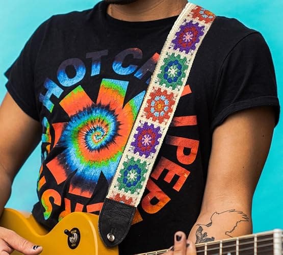 Guitar Strap, Crochet Flower Guitar Straps with Leather Ends for Acoustic, Bass, Electric Guitar,2 inch Wide -Crochet flower-white thumbnail 3