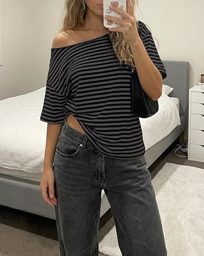 Cioatin Women Oversized Off Shoulder Striped Tee Tops Y2K Aesthetic Clean Fit Short Sleeve Tshirt Pullover Preppy Going Out thumbnail 2