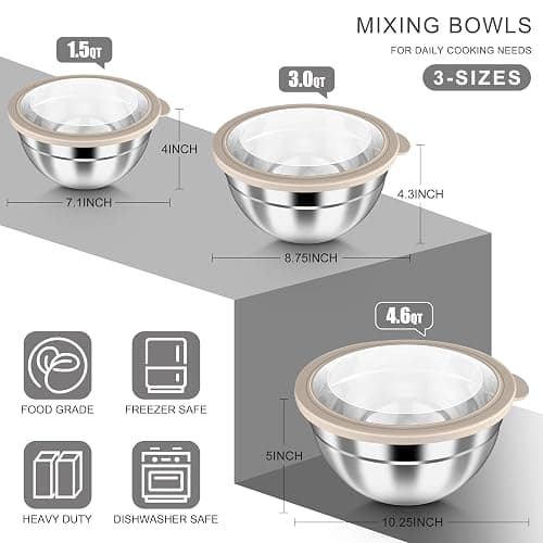 HaWare Mixing Bowls with Clear Airtight Lids, Stainless Steel Nesting Bowls | 6-Piece Metal Salad Bowl for Cooking, Prepping, Baking, Serving & Food Storage, Size 4.6, 3, 1.5QT, Khaki thumbnail 3