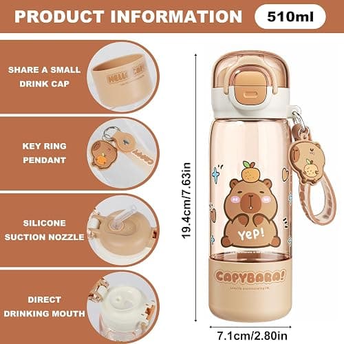 Lebaley Capybara Water Bottle with Lid Keychain - 420ml/15oz Cute Water Bottles with Straw and Leak Proof Locking Lid, Bpa-free Plastic Kids Water Bottle for Boys Girls Outdoor Sports Capybara Stuff thumbnail 3