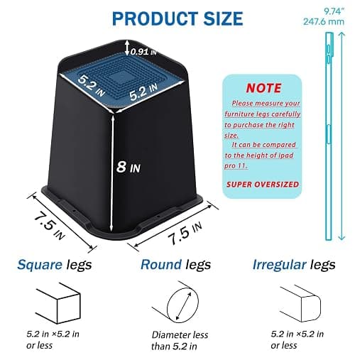 ANNKUT Bed Risers 8 Inch Heavy Duty, Furniture Risers for Bed Desk Table Sofa Couch，Oversized Bed Lifts Risers, Support up to 5000 Lbs(4 Pack Black) - Black 4 Pack - 8 Inch thumbnail 2