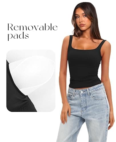 Darong Womens Square Neck Padded Tank Tops | Double layer, Built in bra, Slim fit, Seamless workout tops, Summer basic cami, Stretch material thumbnail 3