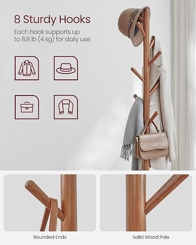 VASAGLE Coat Rack, Free Standing Coat Stand, Hall Coat Tree with 8 Hooks and Storage Shelf, 67.2 Inch Tall, for Coats, Hats, Bags, for Entryway, Hallway, Bedroom, Caramel Brown URCR040K01 thumbnail 4