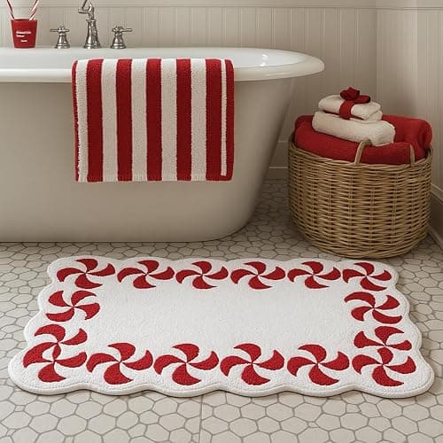 WILLBOND Christmas Candy Bathroom Rug Non Slip Bath Mat 32x20 Inch | Red and White, Peppermint Swirl Scalloped Edge, Soft Absorbent Flocking, Xmas Bathroom Kitchen Bedroom Front Door thumbnail 3