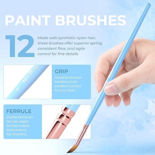 Nicpro 12pcs Artist Paint Brush Set, Aesthetic Pastel Paintbrushes Craft Paint Brushes for Acrylic Painting, Oil, Watercolor, Gouache, Tempera, Face, Body, Art Supplies for Artists and Beginners thumbnail 3