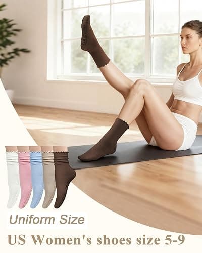 Darller 5 Pairs Pilates Socks with Grips for Women, Non Slip Cotton Ruffle Yoga Socks for Barre Workout Hospital thumbnail 6