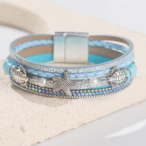 FANCY SHINY Turtle Starfish Leather Wrap Bracelet Boho Rhinestone Pearl Cuff Bracelet with Magnetic Clasp for Women thumbnail 6