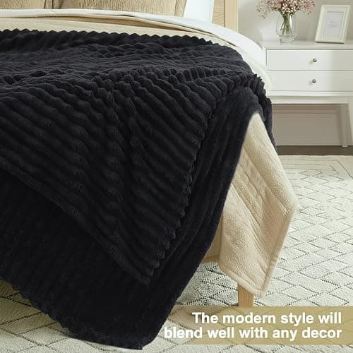 decorUhome Christmas Soft Fleece Black Blanket Queen Size for Bed, Cozy Fluffy Plush Flannel Large Striped Throws for Couch Sofa, Lightweight Decorative Fuzzy Blanket for Woman, 90x90 Inches thumbnail 4