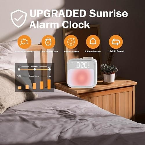 Jaeounr Sunrise Alarm Clocks for Bedrooms, Digital Clock with Sound Machine Nightlight, 1800mAh Rechargable Battery, Alarm Clock for Kids, Heavy Sleepers, Teens, Living Room thumbnail 3