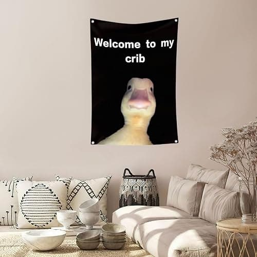 yikinb 2×3ft Welcome to My Crib Flag, Funny Flags for Bedroom Featuring The Duck,Vibrant Colors Crib Banner with Brass Grommets,Boys and Girls Welcome Photo Backdrop for Dorm Room Home College Decor thumbnail 4