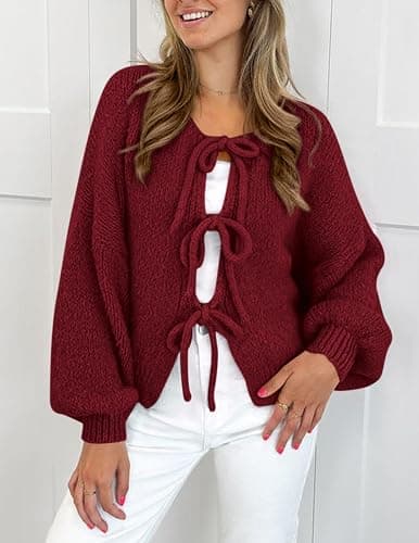 PRETTYGARDEN Women's Tie Front Bow Cardigan Sweaters Chunky Knit Long Puff Sleeve Trendy Fall Winter Jacket Coats thumbnail 3
