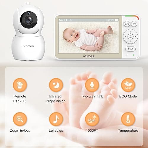 VTimes No WiFi Baby Monitor Camera & Auido, 5" Screen with 30Hr Battery | Pan-Tilt-Zoom, VOX Mode, Two-Way Audio, Night Vision, 1000ft Long Range，Temperature Alert, Lullabies,French & English thumbnail 2