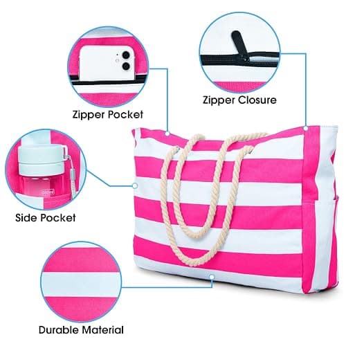 Becokan Beach Bags for Women Large Waterproof Beach Tote Bag Zipper Beach Bags Waterproof Sandproof Swim Pool Bag Large Tote - Hot Pink thumbnail 2
