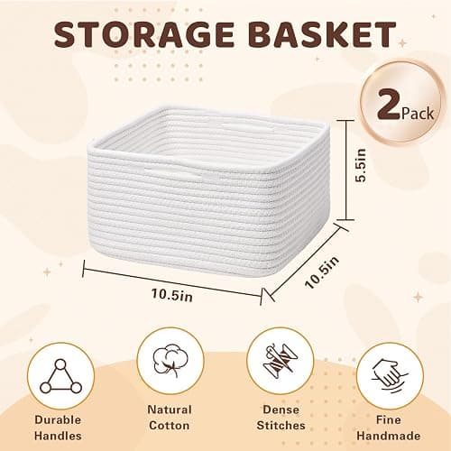 Storage Baskets for Shelves, 2 Pack Shallow Basket - 10.5" x 10.5" x 5.5", Rope Baskets for Organizing Toys, Snacks, Cube Storage Bins for Closet, Bedroom, Nursery, White thumbnail 3