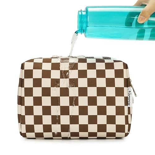 Narwey Checkered Makeup Bag Travel Cosmetic Bag Organizer Toiletry Bag Make Up Bags with Compartments for Women Girls (Large, Dark Checkerboard) thumbnail 6