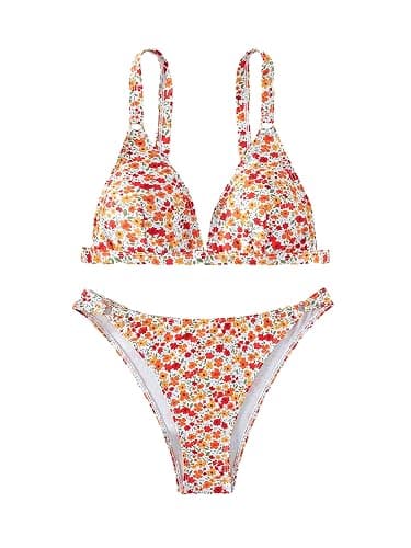 ZAFUL Women's 2 Piece Floral Print Swimsuit Triangle String High Cut Bikini Sets Bathing Suit thumbnail 3