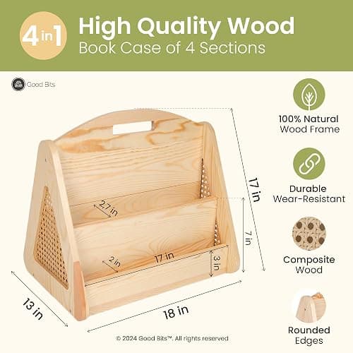 Double-Sided Montessori Bookshelf for Kids, Rattan Book Shelf for Playrooms, Nursery Book Shelves, Boho Bookcase thumbnail 2