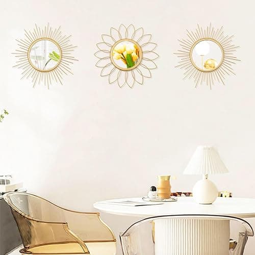 3 Pack Metal Mirrors for Wall Sunburst Wall Mirrors Home Décor Decorative Hanging Wall Art for Living Room Bedroom Entryway (Gold, Flower+Sunburst) thumbnail 5