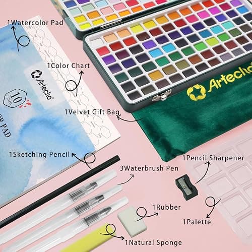 Artecho Aquarellfarben Set 168 Farben in Tragbarer Box, Mit Pinsel und Aquarellpapier, Aquarell für Reisen, Wasserfarben für Künstler und Hobbymaler thumbnail 4