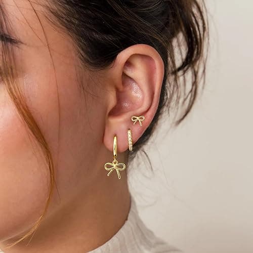 Valentine’s Day Heart Dangle Earrings 3 Pairs Set for Women, Gold Dainty Love Heart Seashell Starfish Cross Stud Hoop Earrings for Multiple Piercing Cartilage, 14K Plated Womens Valentine's Jewelry Gifts thumbnail 2