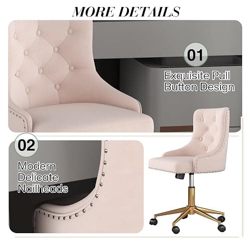 Velvet Armless Home Office Desk Chair, Swivel Height-Adjustable Small Cute Vanity Chair for Women/Girls, Comfy Makeup Chair with Rivet and Gold Base for Living Room, Bedroom(Light Pink) thumbnail 8
