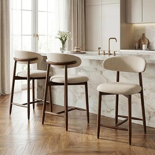 Homixis Bar Stools Set of 3, 25.6″ Counter Height Bar Stools with Wood Legs, Upholstered Modern Kitchen Barstools for Kitchen Island Dining Room Bar, Beige - Image 1