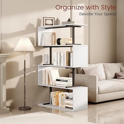 GRUSIGN 5-Tier White Geometric Bookshelf, S Shaped Bookcase,Wood Decorative Storage Shelving,Modern Freestanding Display Shelves for Office,Bedroom,Living Room, 31.5" W x 58.3" H thumbnail 3