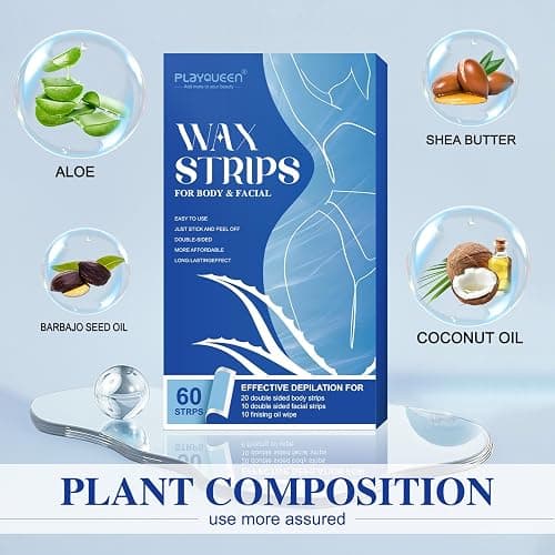 Wax Strips - (60 Count), 10 Calming Oil Wipes Hypoallergenic For Hair Removal, For Women and Men, Face Waxing Kit For Women, Body Wax Strips - Brazilian Waxing, Suitable For All Skin Types. thumbnail 3