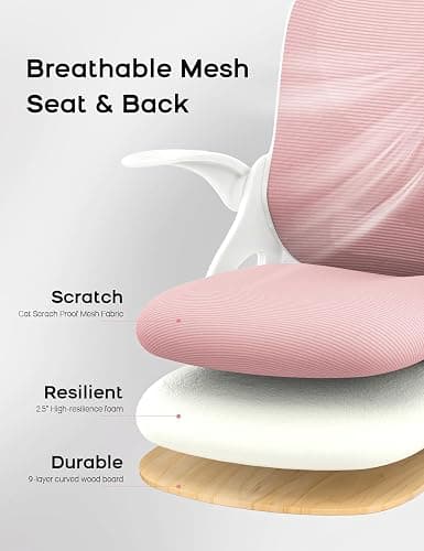 Home Office Chair，Ergonomic Mesh Desk Chair with Adjustable Lumbar Support, Flip-up Arm Rocking Swivel, Mid-Back Comfy Computer Chair (White-Pink) thumbnail 6