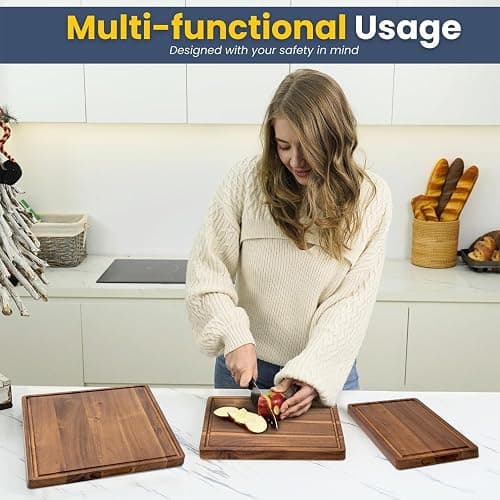 KOLWOVEN Wood Cutting Boards for Kitchen - Set of 3, Wooden Cutting Board Set with Holder for Chopping Meat, Cheese, Fruits, Vegetables, Knife Friendly Serving Tray thumbnail 4